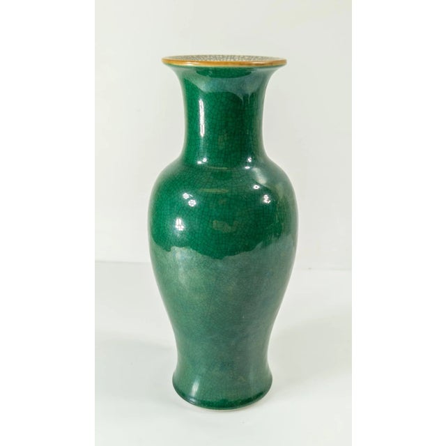 We are selling this gorgeous Chinese dark Apple green glazed vase. This vase has traditional form and has a monochrome...