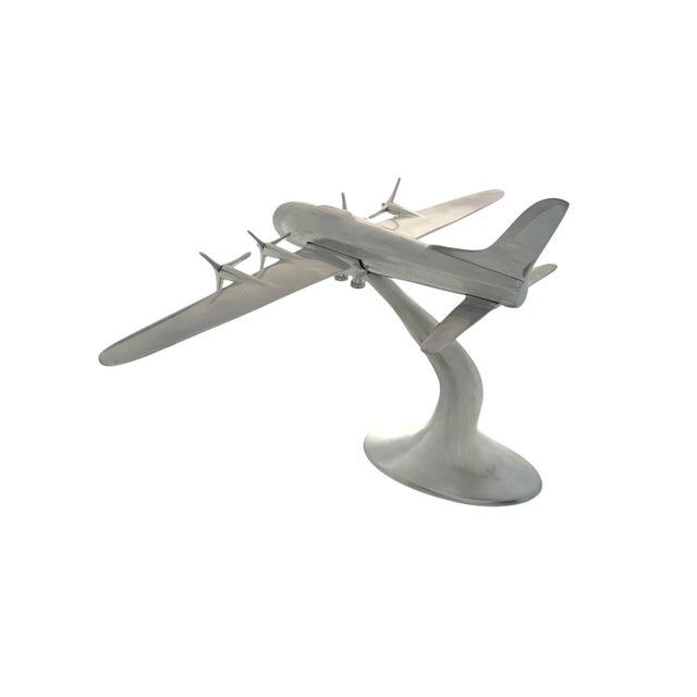 Late 20th Century Airplane Model Large Aluminum Propeller Aircraft on Stand Vintage Office Decor For Sale - Image 4 of 9
