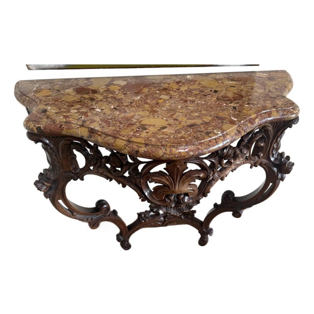 Late 19th Century French Hand Carved Walnut Wall Console With Marble Top For Sale