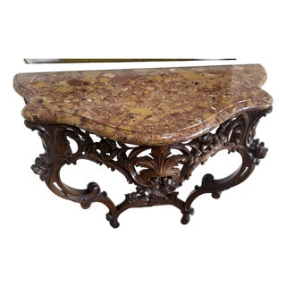 Late 19th Century Italian Hand Carved Walnut Wall Console With Marble Top For Sale