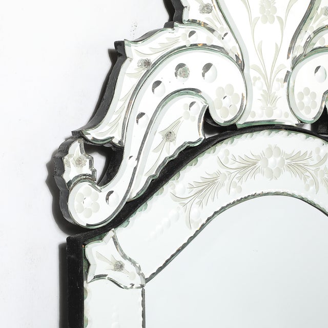 Mid-Century Reversed Etched Venetian Glass Mirror With Chain Beveled Detailing For Sale - Image 4 of 17