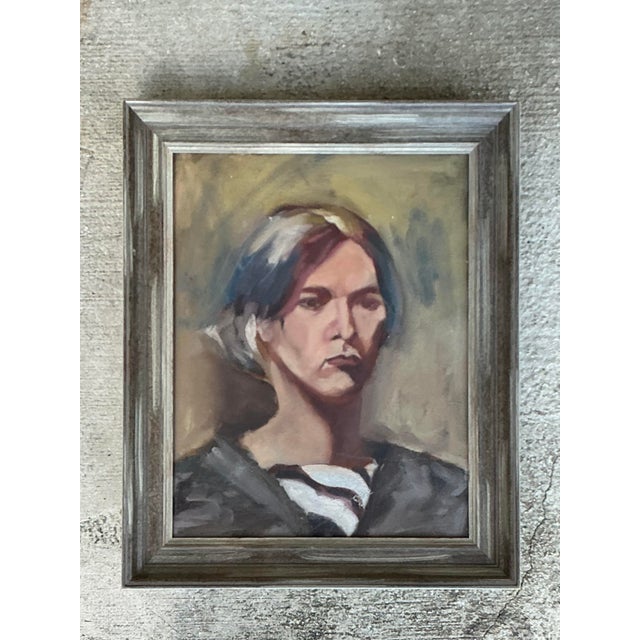 This evocative mid-century impressionist oil portrait captures a soulful and introspective moment with striking artistic...