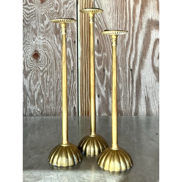 Hollywood Regency Vintage Boho Scalloped Brass Candlesticks - Set of 3 For Sale - Image 3 of 5