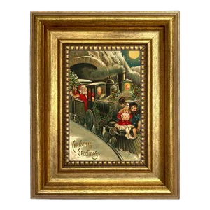 Santa's Christmas Train Victorian Print on Canvas in Antiqued Gold Frame