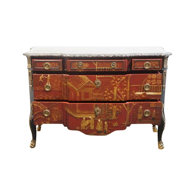 Maitland - Smith Maitland Smith Asian Chinoiserie Inspired Louis XV 50" Red & Gold Lacquered Three Drawer Chest W. Granite Top For Sale - Image 4 of 13
