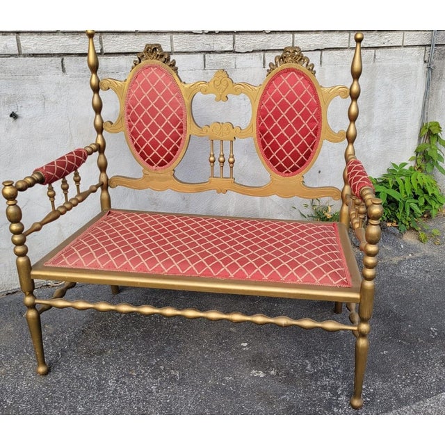 Victorian Mid 20th Century Antique Victorian Gilded Window Bench, Loveseat, New Upholstery For Sale - Image 3 of 12