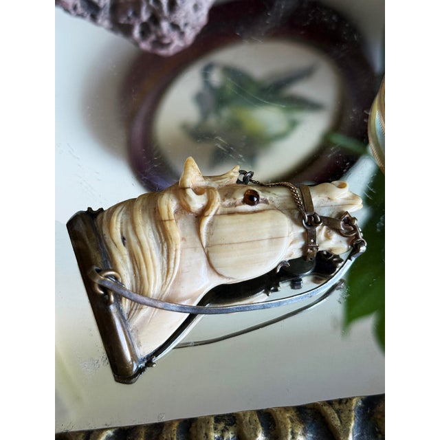 Victorian Mid 20th-Century Victorian Revival Bone Equestrian Horse Head Brooch With Glass Eye For Sale - Image 3 of 12
