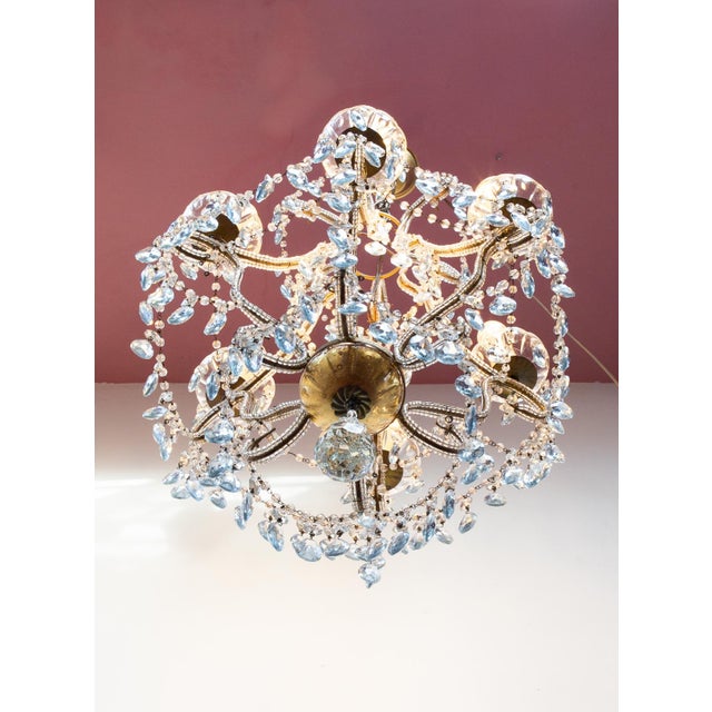 Italian Waterfall Chandelier in Gold-Plated Metal with Blue Crystals, 1960s For Sale - Image 10 of 14