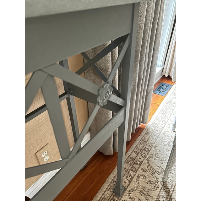 Grey Console Table With Geometric Latticework and Marble Top For Sale In Philadelphia - Image 6 of 11