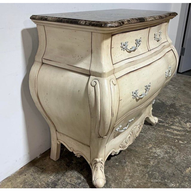 Early 21st Century French Provincial Bombe Chest | Cream Painted Finish | Real Marble Top | 4 Drawer Statement Dresser For Sale - Image 5 of 6