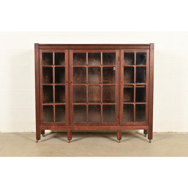Stickley Brothers Style Antique Mission Oak Arts & Crafts Glass Front Triple Bookcase, Circa 1910 For Sale - Image 11 of 11