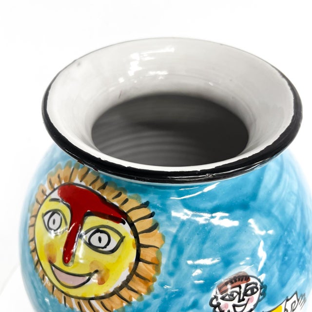 Blue 1960s Italy Hand Painted Collections Colorful Ceramic Vase For Sale - Image 8 of 11