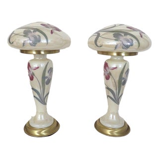Mid 20th Century Art Deco Stye Mushroom Table Lamps With Irises - a Pair For Sale