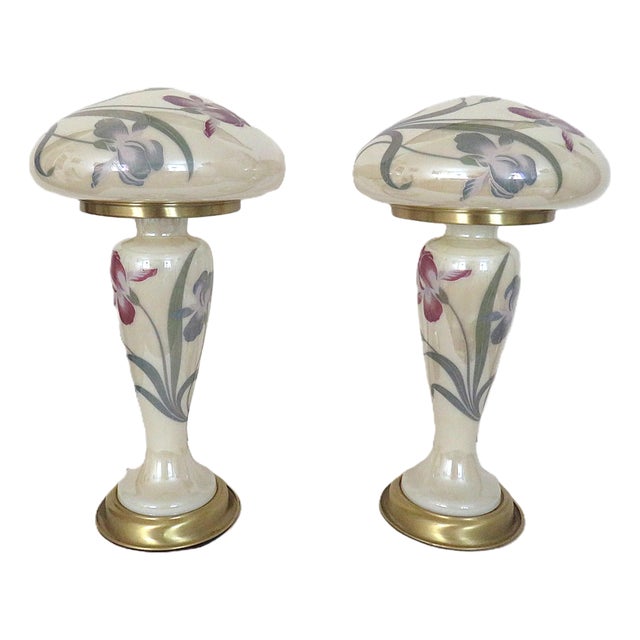 Mid 20th Century Art Deco Stye Mushroom Table Lamps With Irises - a Pair For Sale