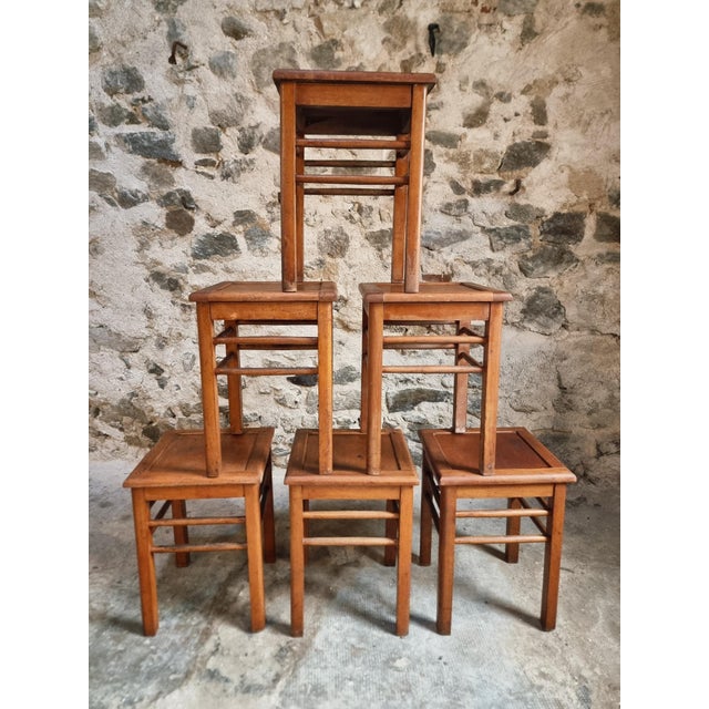 Set of six vintage workshop stools dating from the 1930s, originally sourced from a French atelier. Crafted from solid...