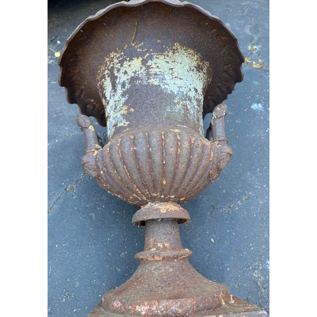 Huge Antique Late Victorian French Heavy Cast Iron Outdoor Planter Urn W/ Handle For Sale - Image 13 of 17