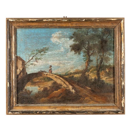Landscape with Bridge, Oil on Canvas, Framed For Sale