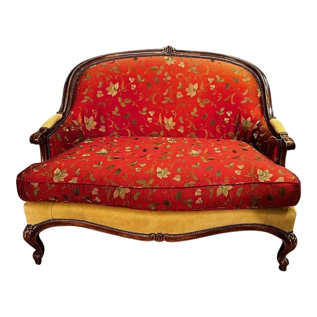 1990s Custom-Made Vintage French Suede and Fabric Carved Settee For Sale
