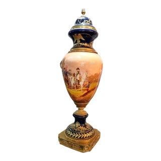 French Style Blue Porcelain Vase With Napoleonic Scene, Gold Leaf & Bronze Accents For Sale