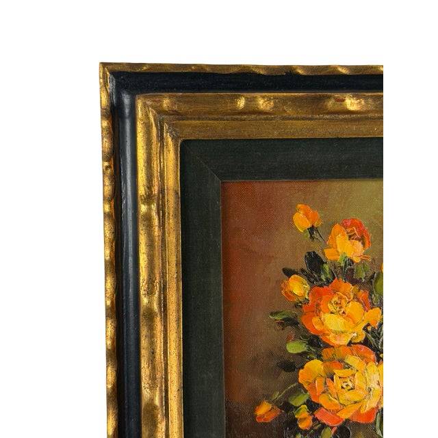 Mid 20th Century Vintage Signed Floral Still Life Painting, Cox- Yellow and Orange Roses in Gold-Toned Frame For Sale - Image 5 of 12
