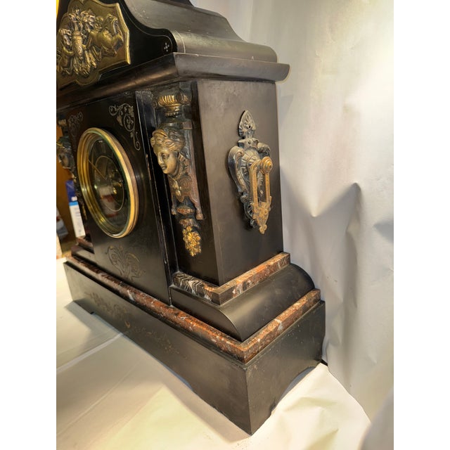 Black 19th Century French Stone Mantel Clock With Greco Roman Motifs & Open Escapement For Sale - Image 8 of 10