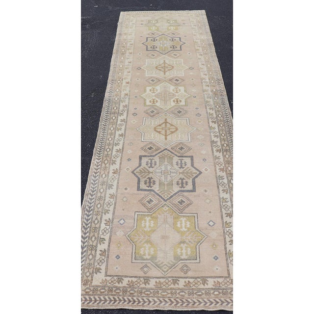 Antique Turkish Oushak Runner With Soft Gold and Celadon Geometric Medallions For Sale In Atlanta - Image 6 of 13
