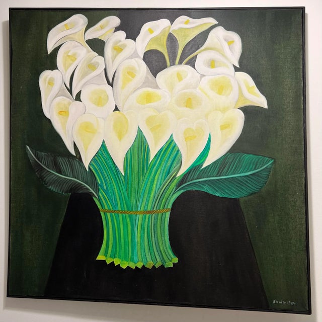 Signed Anita Mexico Calilily Floral Oil Painting. C1980 For Sale - Image 4 of 12