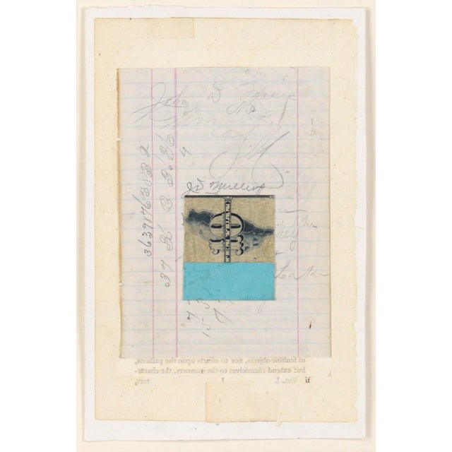 Small abstract paper collage in teal and white by Bay Area artist Michael Pauker (American, b. 1957). This piece is...