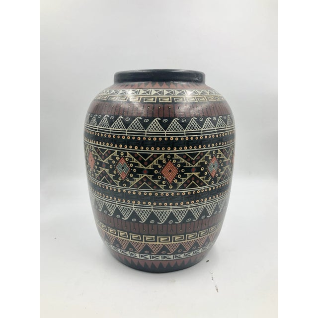 Post Modern 80s Clay Ceramic Vase Large Black Hand Drawn Geometric