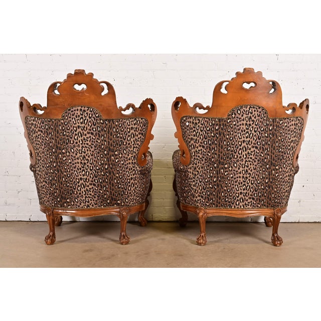 Italian Baroque Ornate Carved Walnut Throne Chairs or Lounge Chairs With Leopard Print Upholstery For Sale - Image 11 of 12