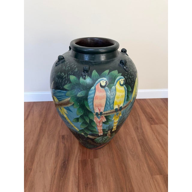 20th Century Hand-Painted Ceramic Urn With Rainforest & Parrot Motif For Sale - Image 10 of 15