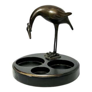 1960s Vintage Bronze Crane Bird 3-Compartment Vanity Dresser Tray For Sale