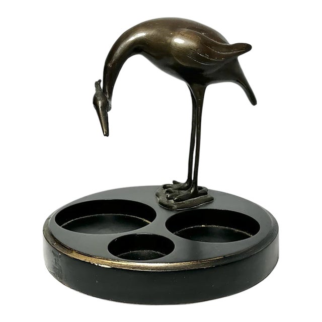 1960s Vintage Bronze Crane Bird 3-Compartment Vanity Dresser Tray For Sale