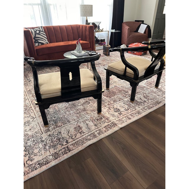 Wood Pair Vintage Century Furniture Black Lacquered Chinoiserie James Mont Armchair For Sale - Image 7 of 10
