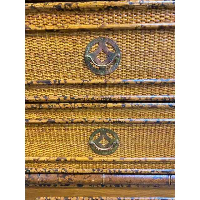 Wood British Colonial Tortoiseshell Bamboo Chest & Nightstand, China Export, C. 1970s For Sale - Image 7 of 10