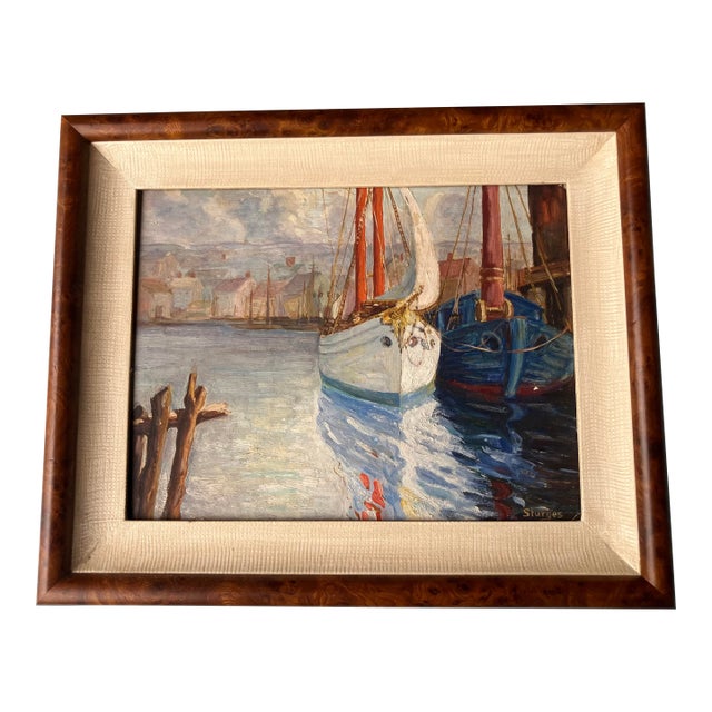 1960s Dockside Boats, Coastal Oil Painting by Sturges, Signed and Framed For Sale