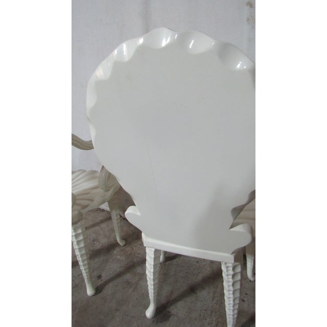 Pair Mid-Century Italian Neo-Classical Carved Wood White Lacquer Shell & Dolphin Chairs For Sale - Image 10 of 14
