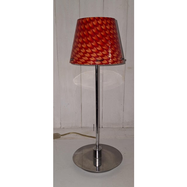 Vintage Table Lamp with Chrome-Plated Metal Base and Red Patterned Glass Shade, 2000s, in Very Good conditions. Designed...