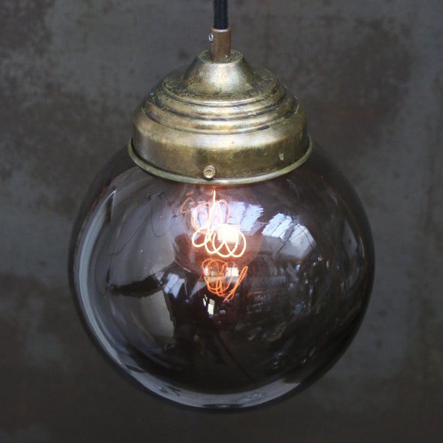 Vintage Dutch Smoked Glass and Brass Pendant Light For Sale - Image 4 of 7