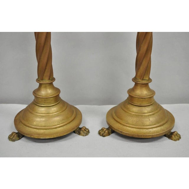 Antique English Renaissance Gothic Patinated Brass Candlestick Table Lamps Pair For Sale - Image 4 of 12