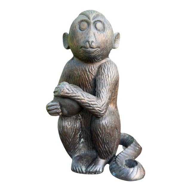 Vintage Patinated Cast Metal Monkey Sculpture, 7.5” For Sale