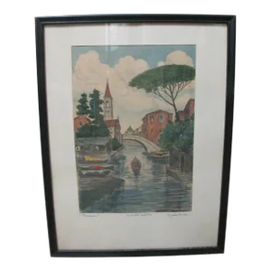Bela Sziklay Signed Canals of Venice Italy Framed Hand Colored Etching Print #2