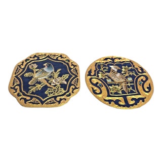 Chinese Vintage Hand Embroidered Silk Panel Pair W Bird & Flowers 5.5" Approx For Sale