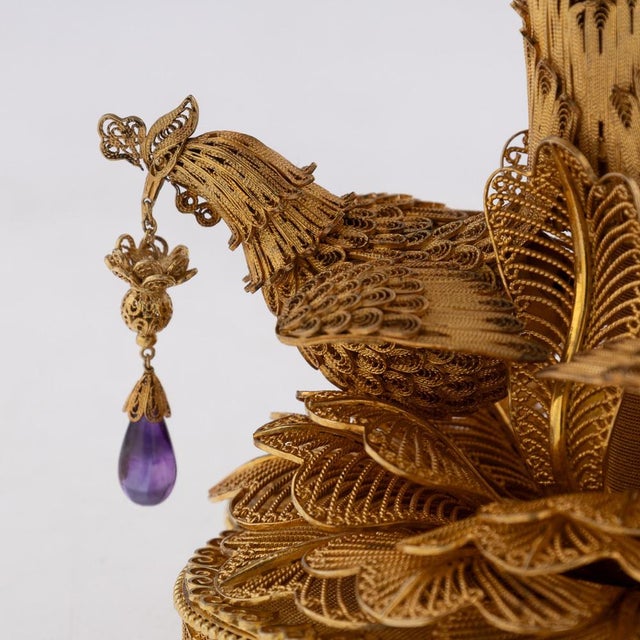 Gold 20th Century Chinese Export Silver Filigree Gem Set Cup & Cover, 1950s For Sale - Image 8 of 18