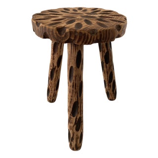 Vintage Brutalist Hand Carved Tripod Milking Stool For Sale