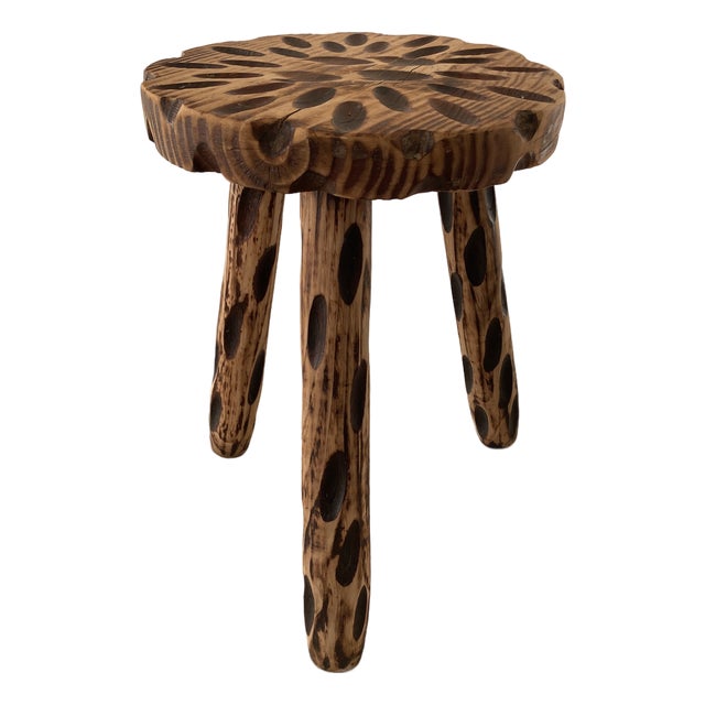 Vintage Brutalist Hand Carved Tripod Milking Stool For Sale