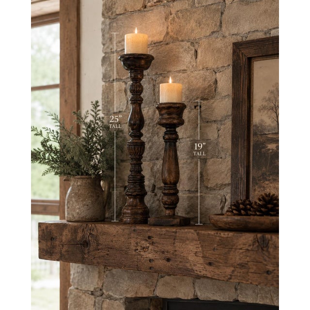 Wood Pair of Oversized Hand-Turned Rustic Wood Candlesticks, 25” & 19” For Sale - Image 7 of 8
