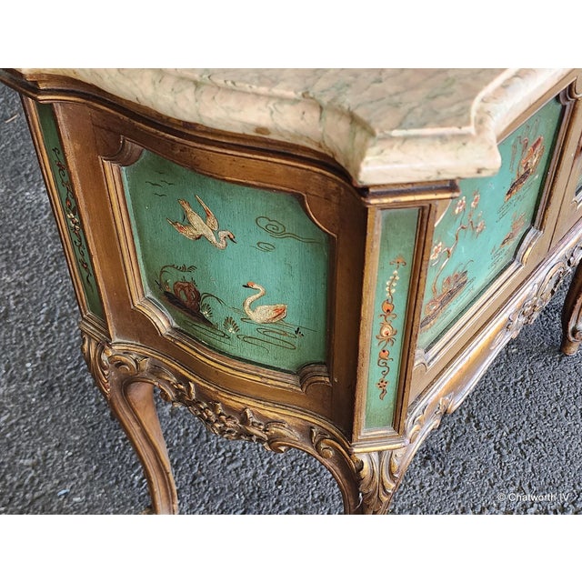 Wood Antique 1920s Petite Marble Top Italian Rococo Chinoiserie Style Painted Commode Cabinet For Sale - Image 7 of 13