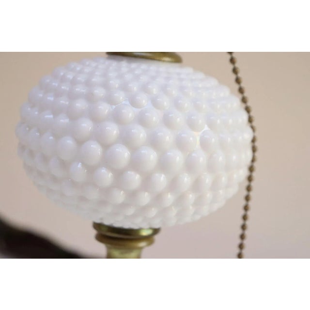 White Pair of Petite Mid-Century Modern Hobnail Milk Glass Saucer Boudoir Bedside Table Lamps For Sale - Image 8 of 12