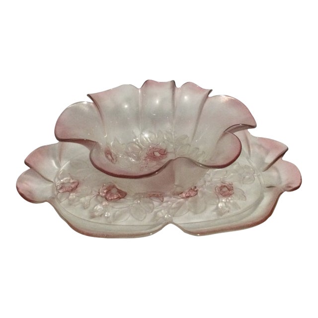 1970s Walther Glass Mikasa Pink Rosella Crystal Serving Tray and Bowl For Sale